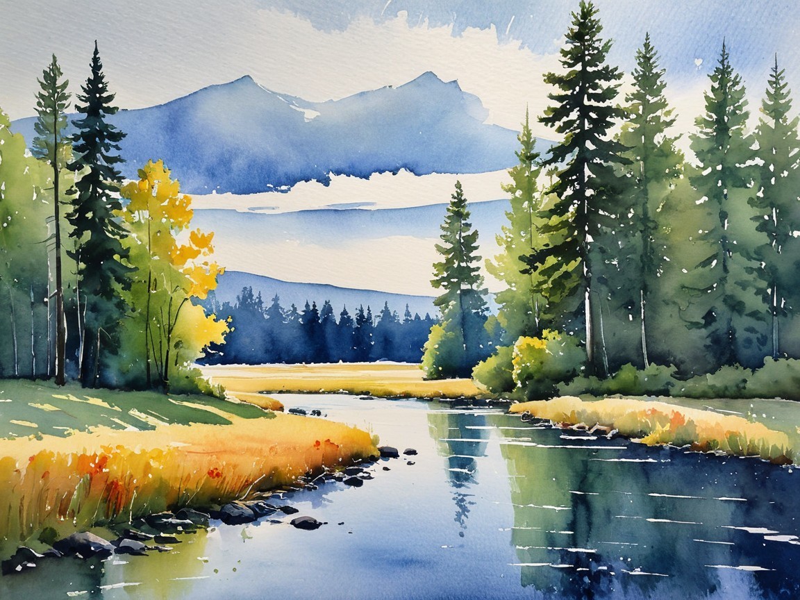 Tranquil River Landscape with Lush Greenery and Mountains