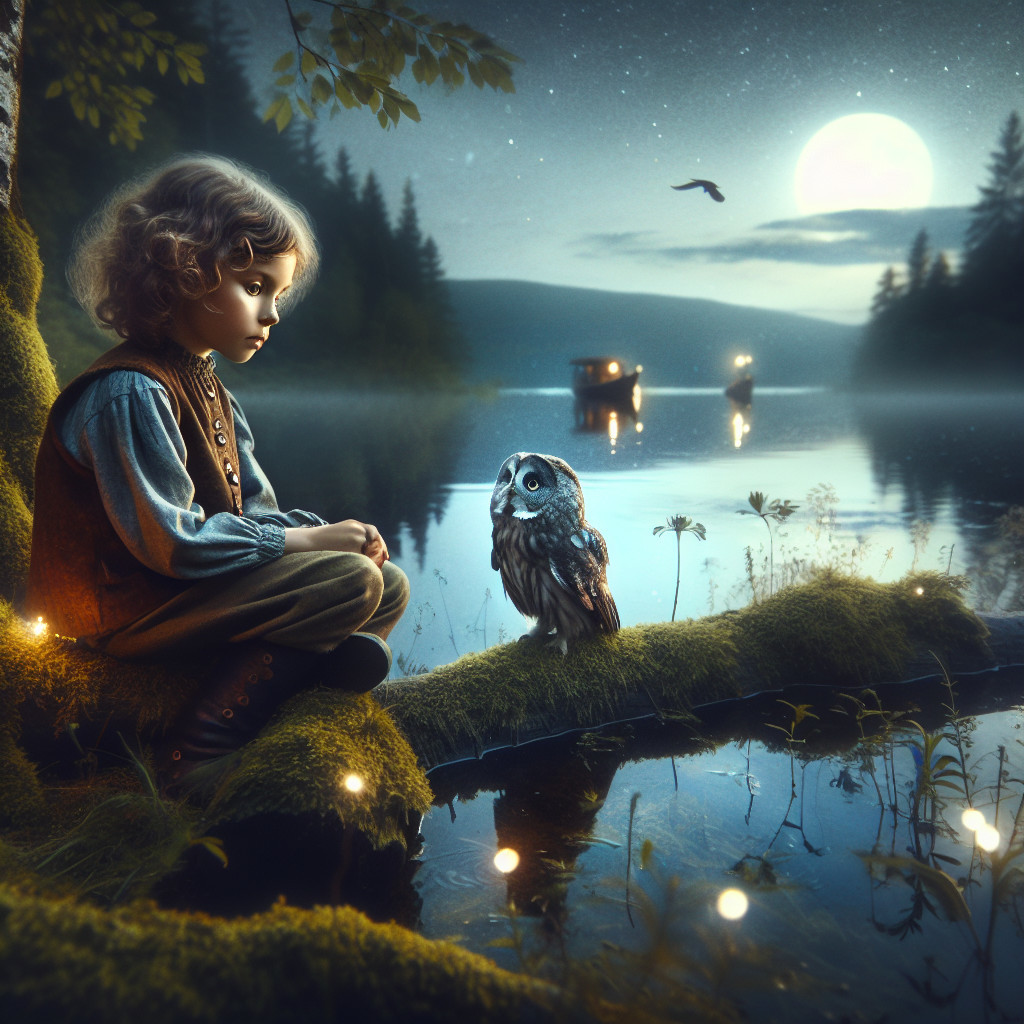 Child and owl by a moonlit lake with trees