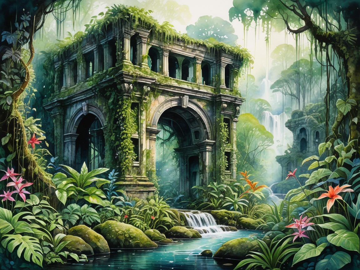 Ancient Jungle Ruins Surrounded by Waterfalls and Vines