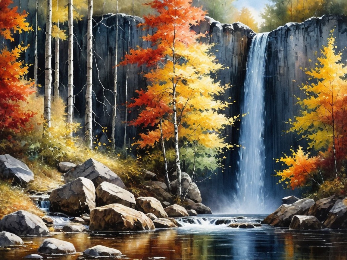 Autumn Landscape with Waterfall and Colorful Foliage