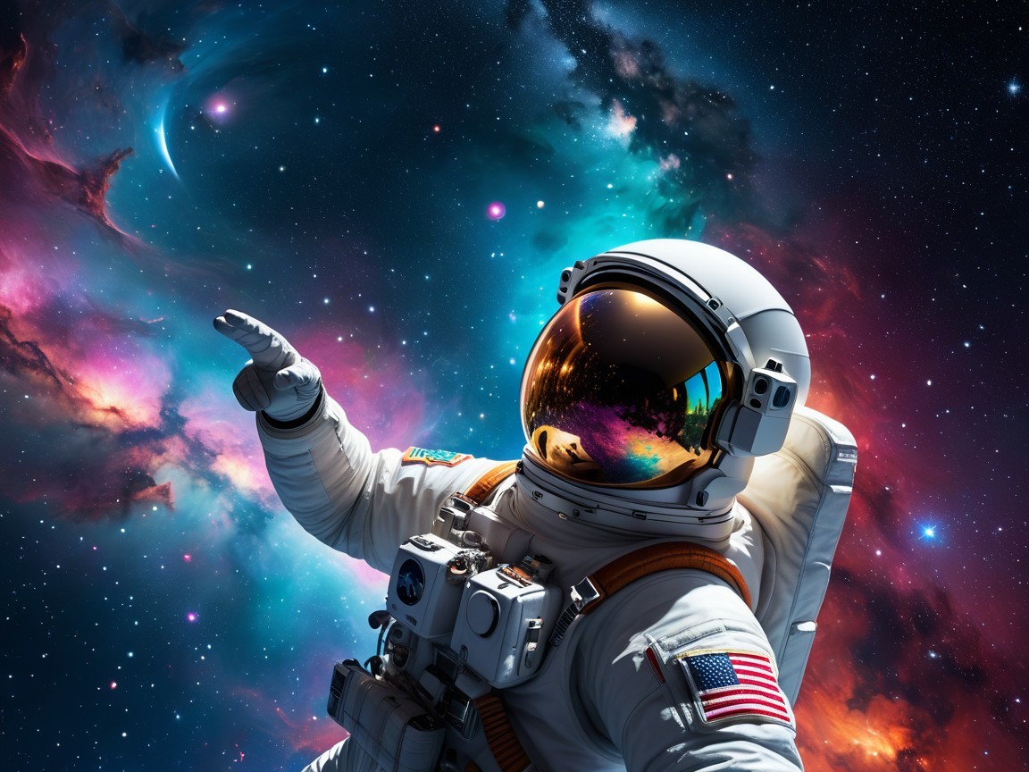 Astronaut in White Suit Against Vibrant Cosmic Backdrop