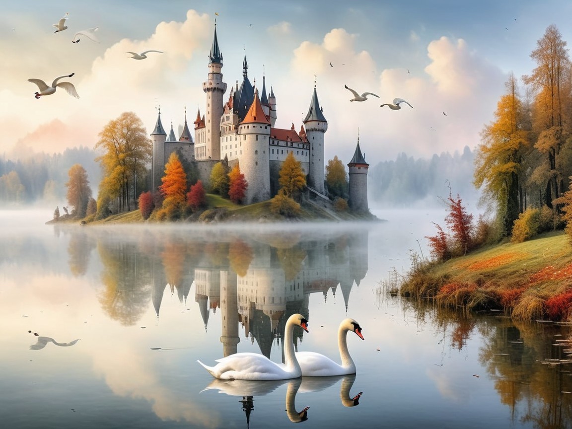 Castle on an Island Surrounded by Autumn Foliage