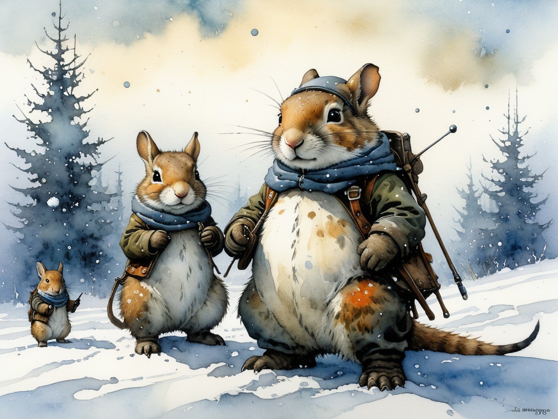 Chubby Squirrels in Winter Clothing in Snowy Landscape