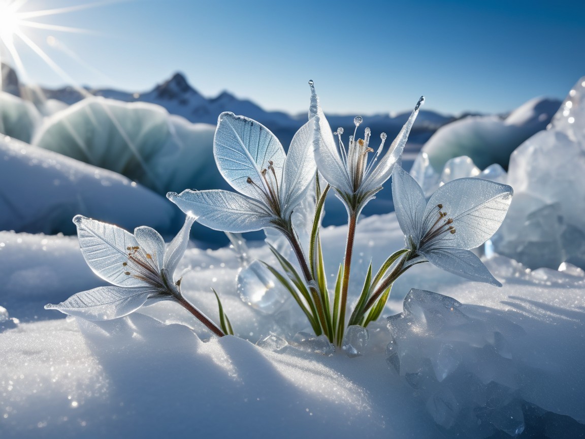 Winter Landscape with Blue Flowers and Ice Crystals