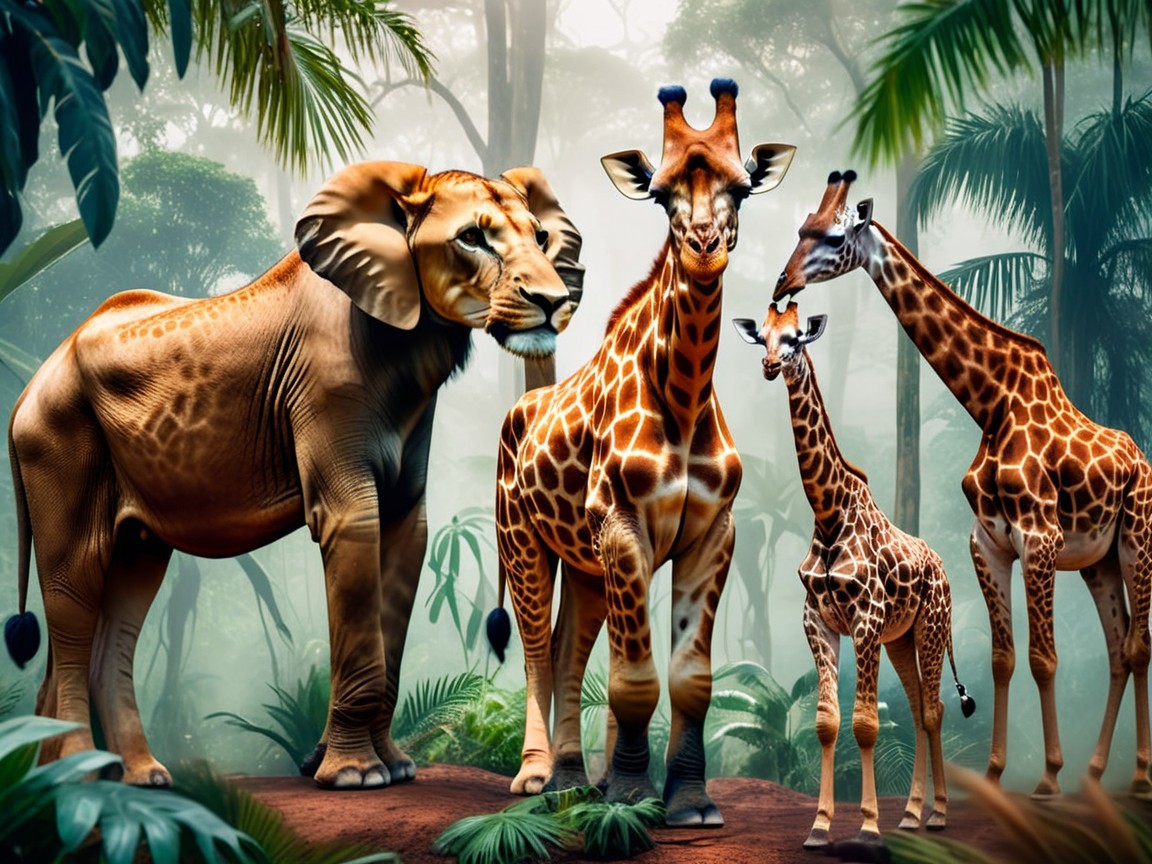 Wildlife in a Lush Jungle with Elephants and Giraffes