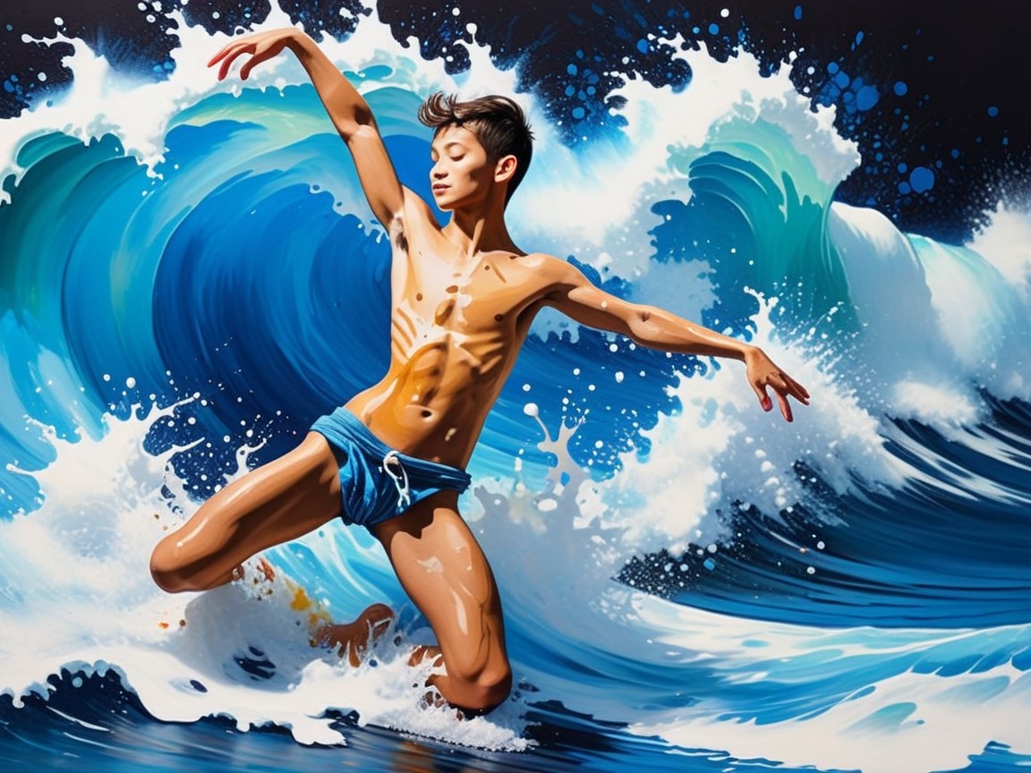 Young Dancer Leaping in Ocean Waves and Sunlight