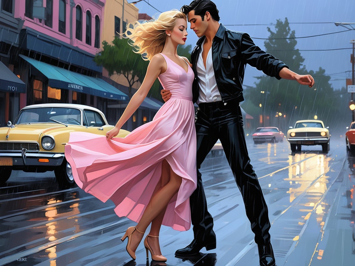 Couple Dancing in Rainy Street with Vintage Cars