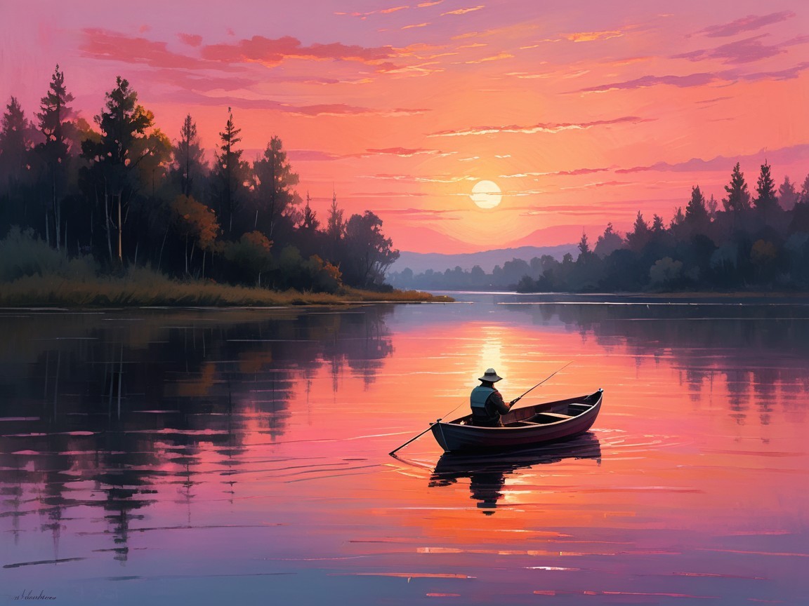 Serene sunset over river with fisherman and trees