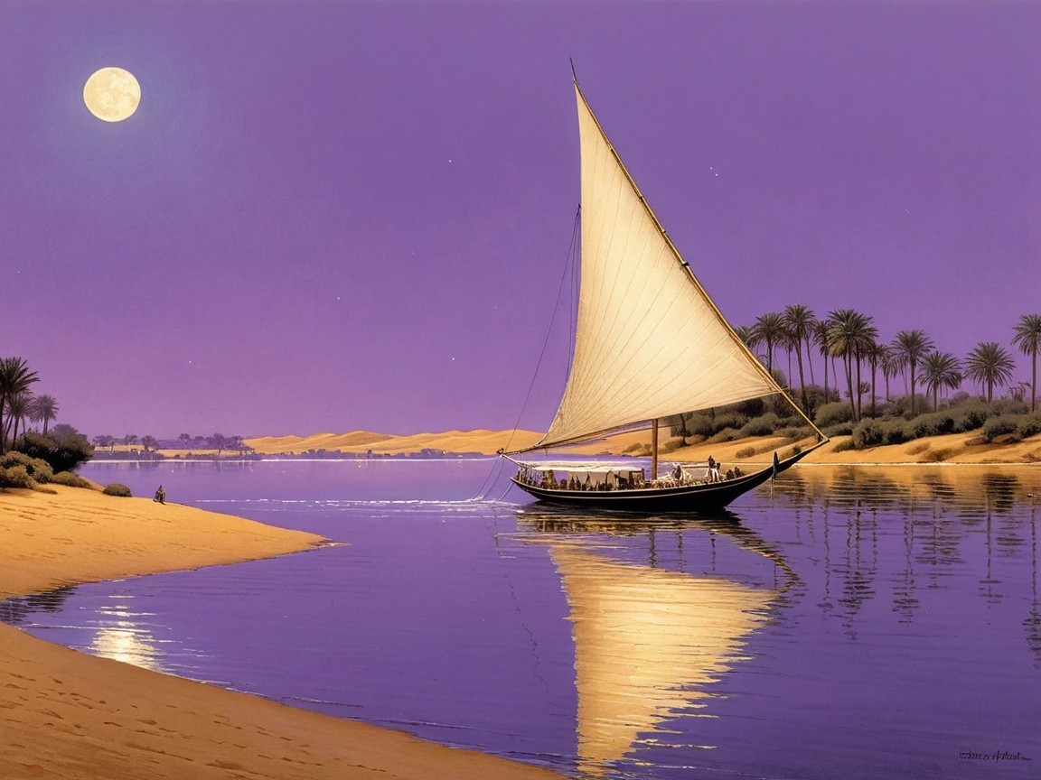 Serene River Landscape with Sailboat at Dusk