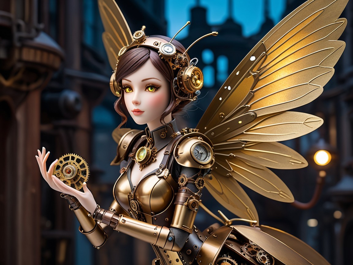 Steampunk Fairy with Mechanical Wings and Vintage Cityscape