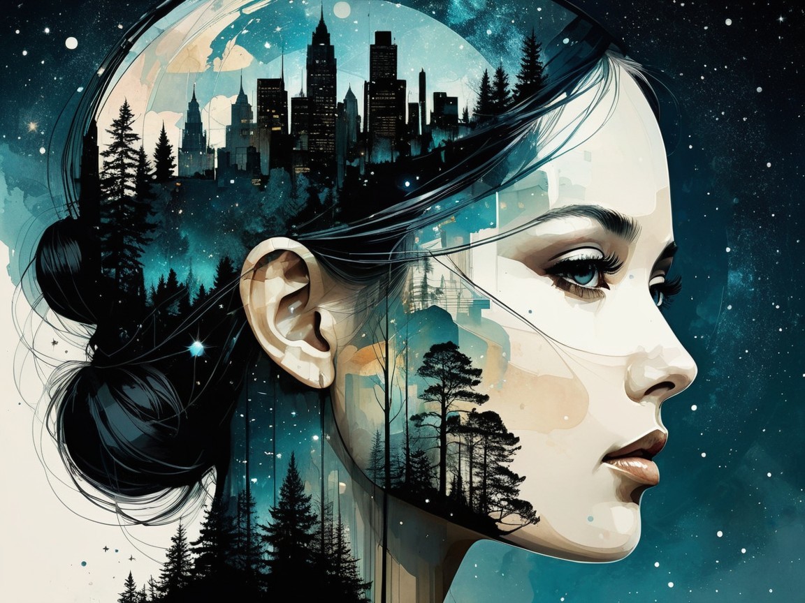 Woman's Profile Merged with Surreal Landscape Elements