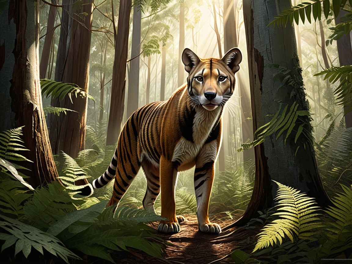 Tiger in a Lush Green Forest with Sunlight Filtering