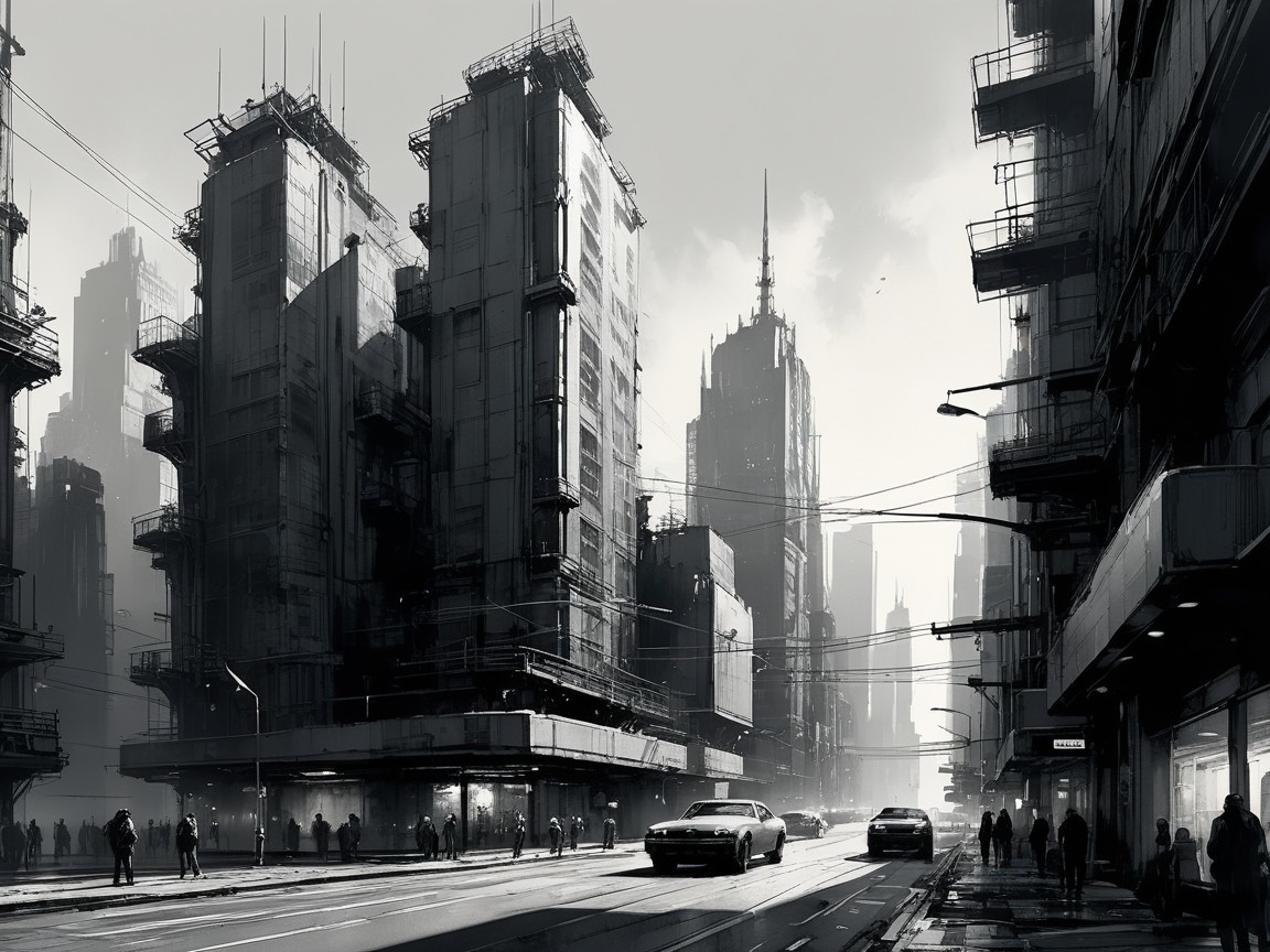 Urban Landscape with Skyscrapers and Classic Cars