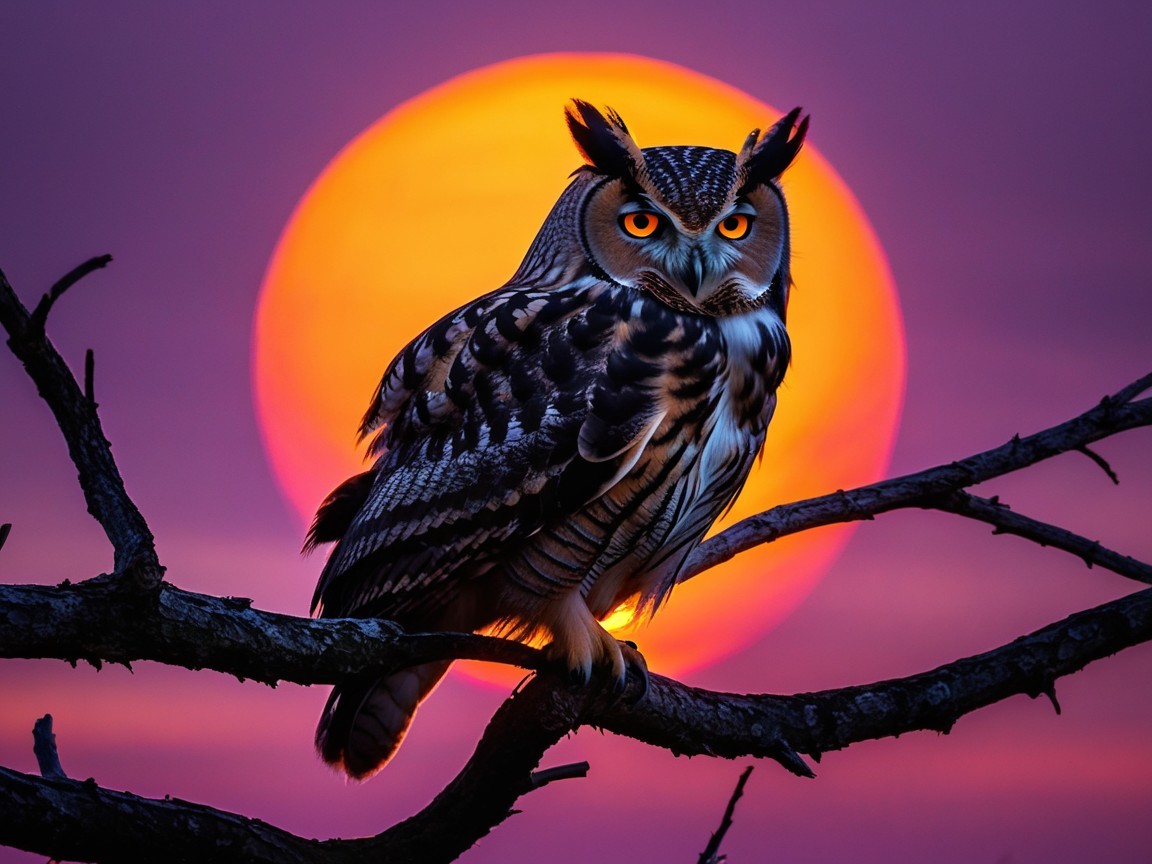 Majestic Owl Silhouetted Against Vibrant Sunset