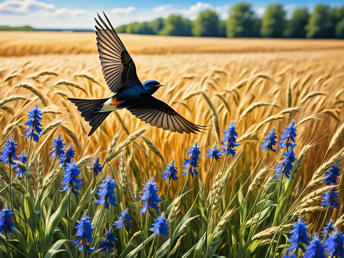 Swallow in Flight Over Golden Wheat Field with Flowers