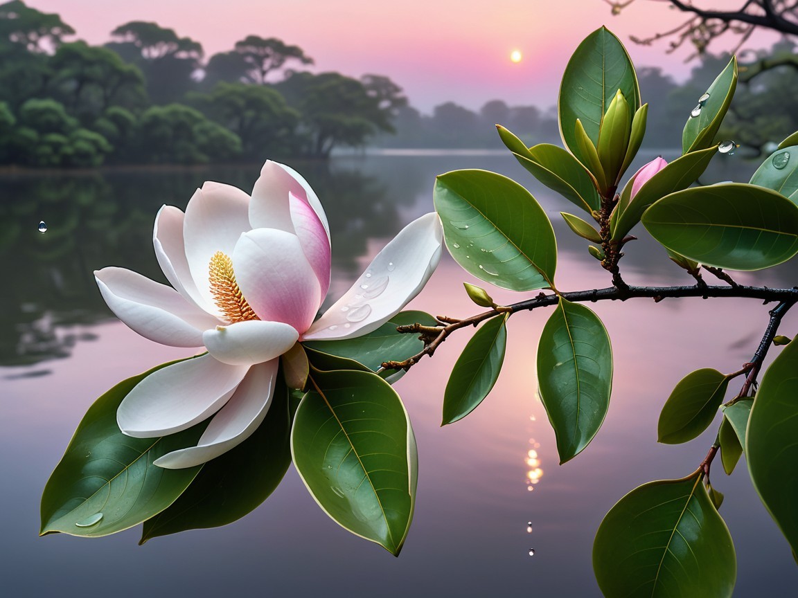 Magnolia Flower with Dew Against a Serene Lake