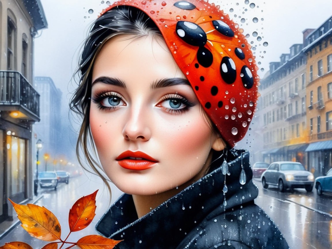 Young woman in red spotted hat on rainy city street
