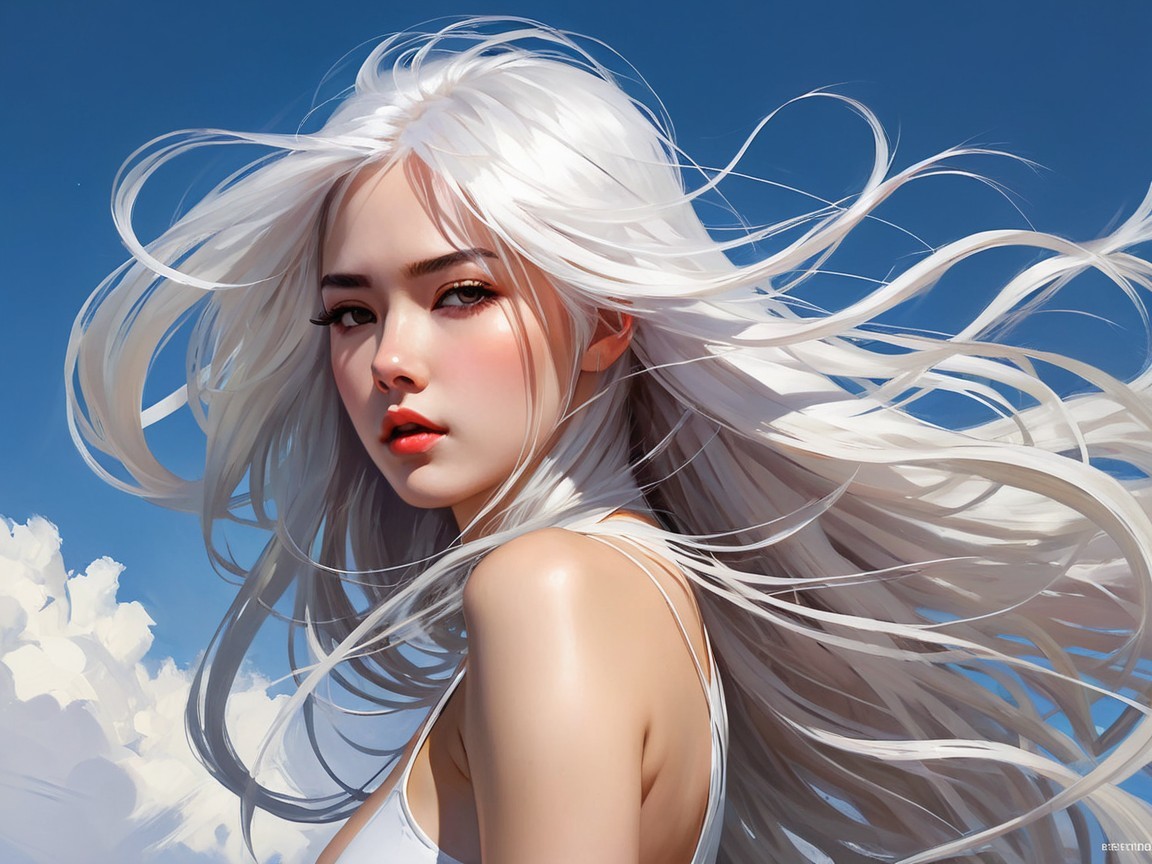Young woman with white hair against blue sky