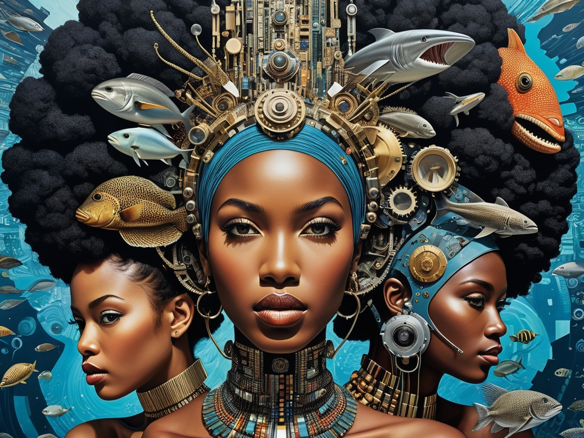 Three Women with Unique Hairstyles and Aquatic Background
