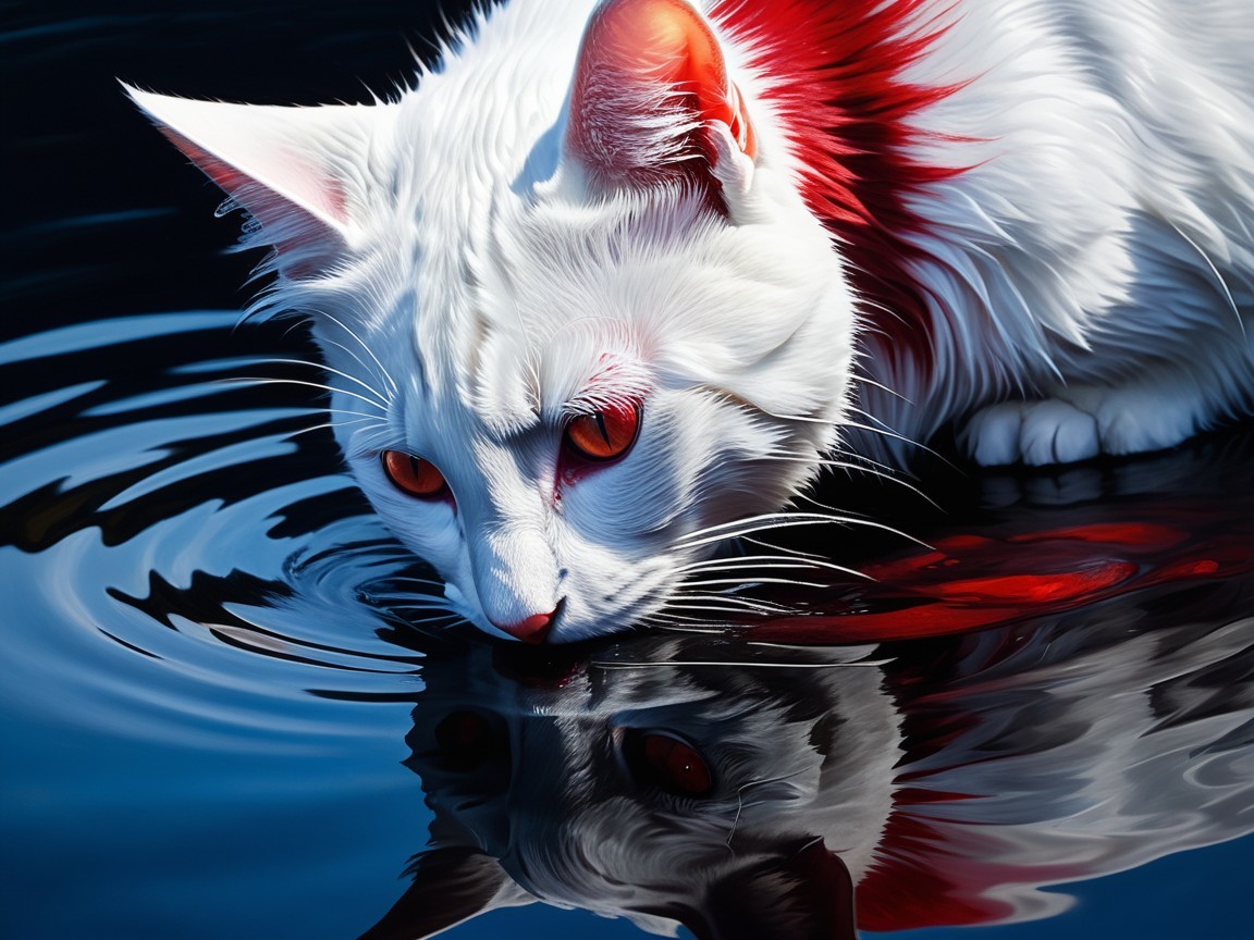 White Cat with Orange Eyes by Calm Water Reflection