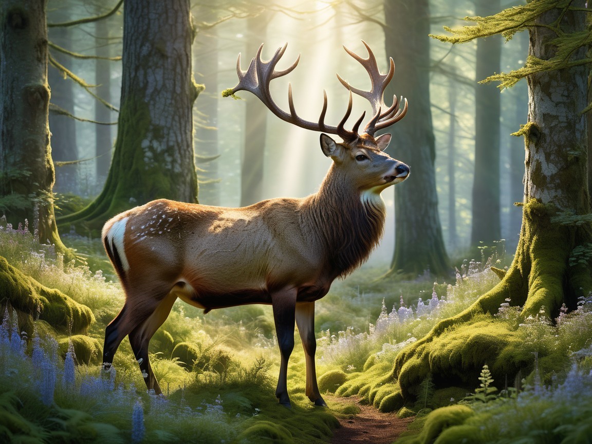 Majestic stag in a serene forest with dappled sunlight