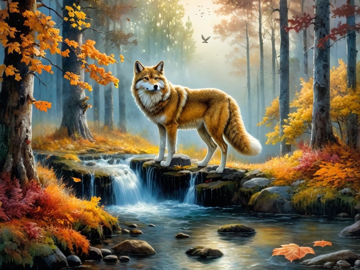 Fox by Tranquil Stream in Vibrant Autumn Forest