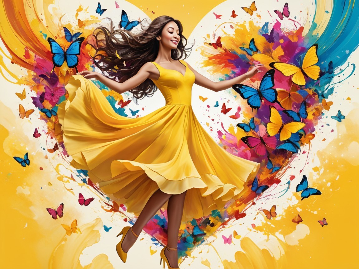 Joyful Woman in Yellow Dress with Butterflies and Paint