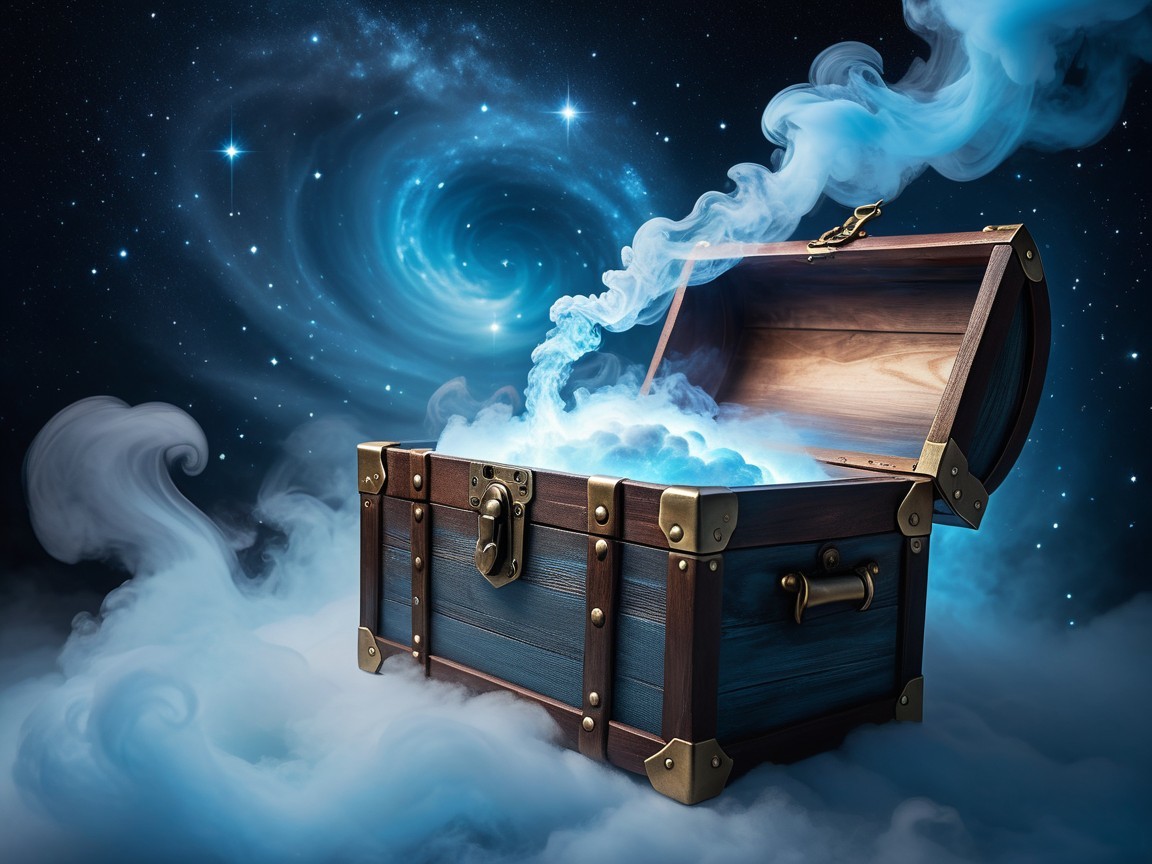 Wooden treasure chest against a cosmic background