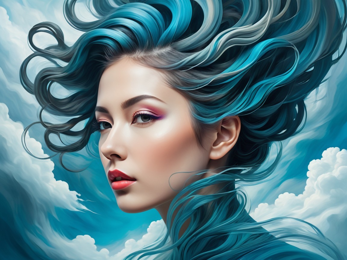 Portrait of a Woman with Blue Hair and Cloud Background