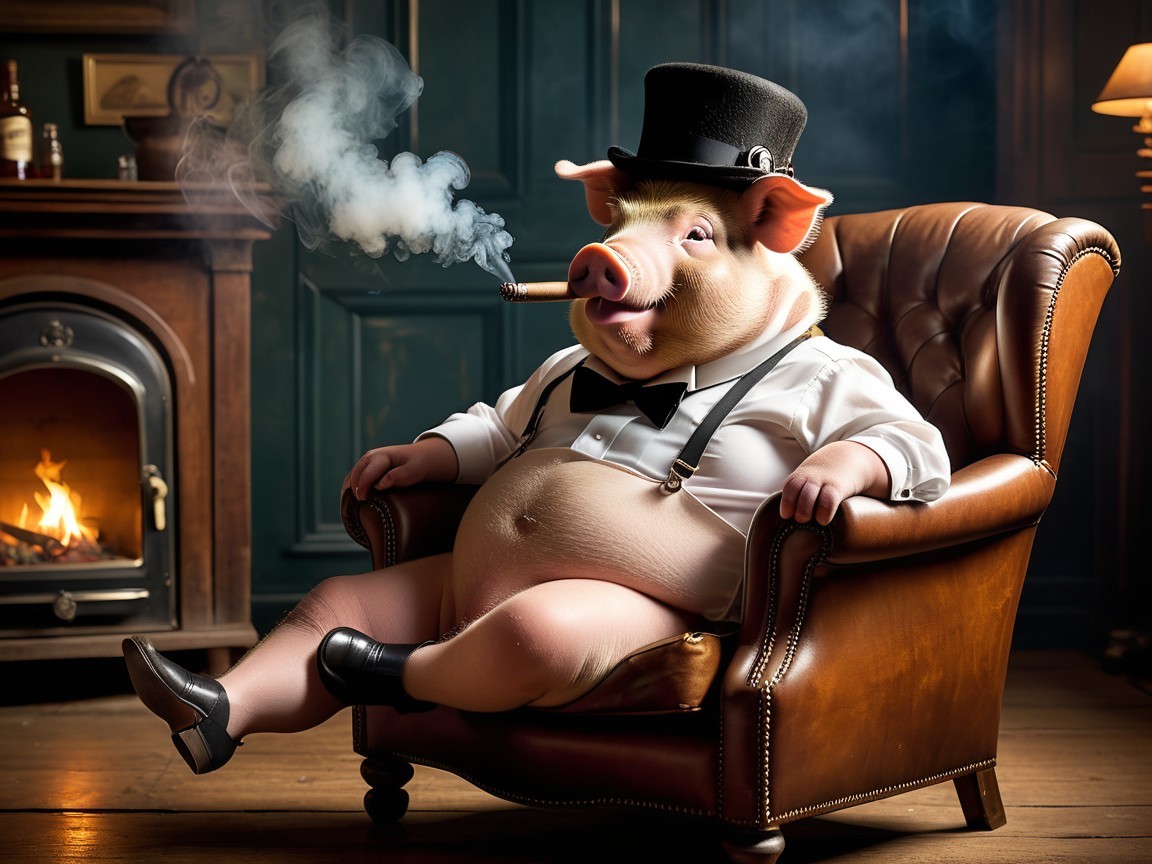 Comical Pig in Top Hat Lounging in Elegant Setting