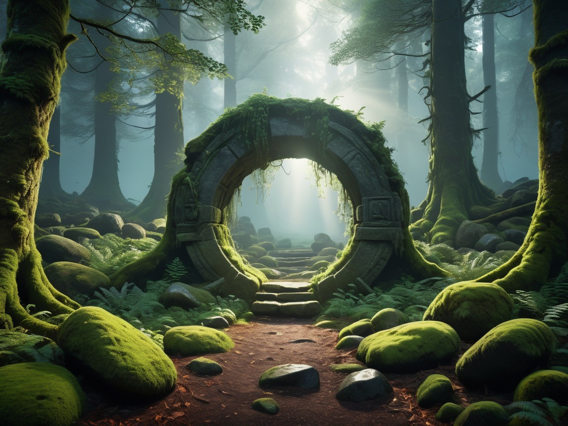Ancient stone portal in a misty forest setting