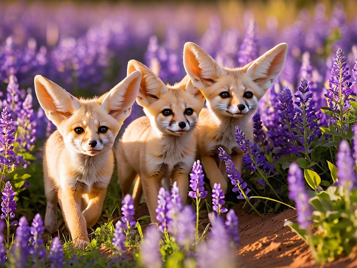 Fennec fox kits in vibrant purple flower field