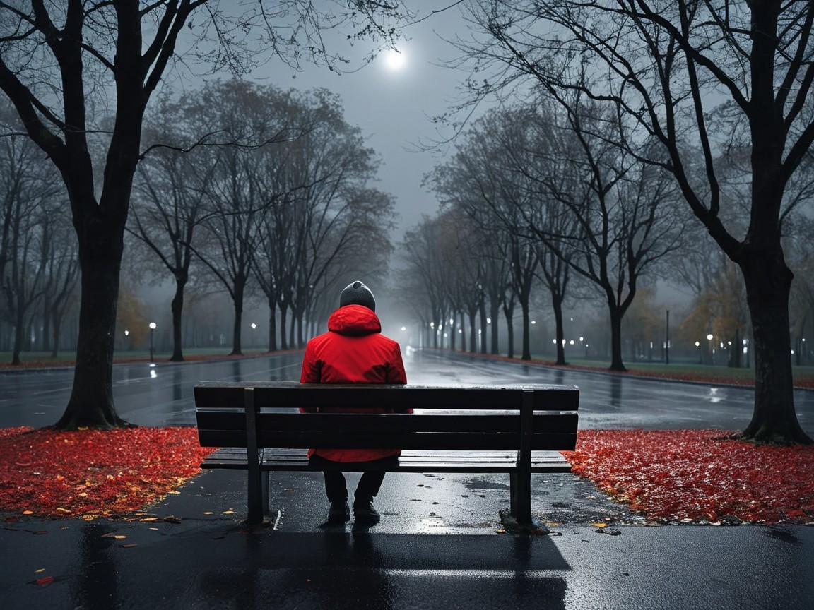 Solitary Figure in Red Jacket on Foggy Park Bench