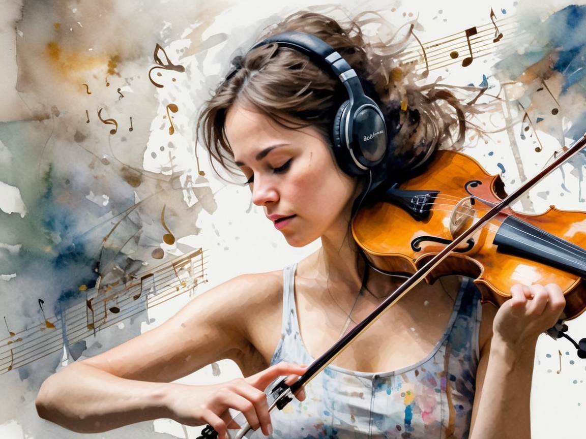 Young woman playing violin with colorful watercolor backdrop