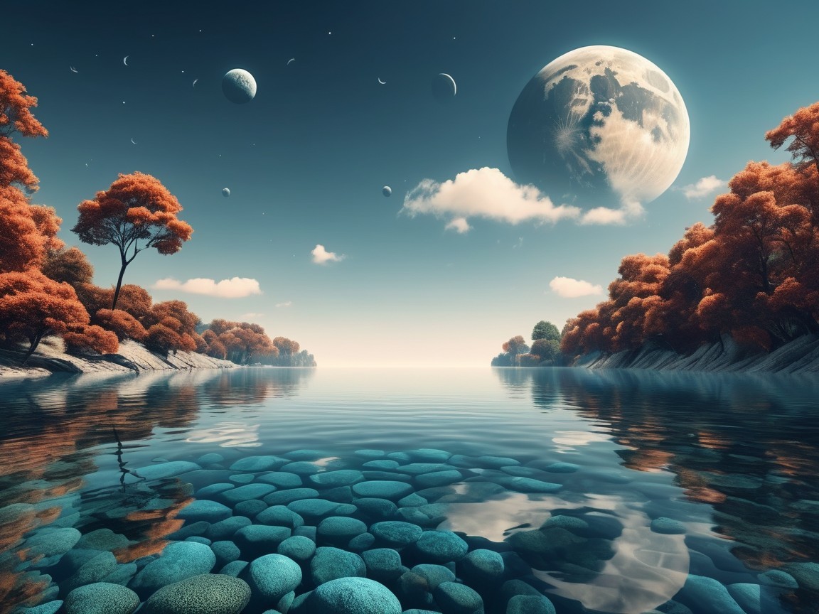 Serene Landscape with River and Cosmic Elements