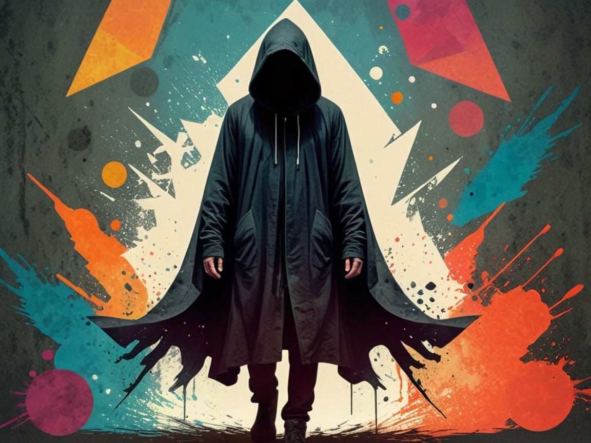 Mysterious figure in hooded cloak against vibrant colors