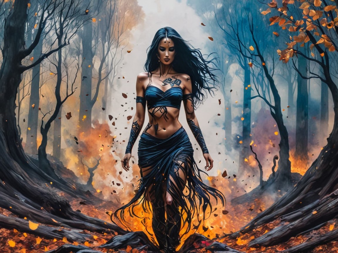Fierce Woman in Mystical Forest with Autumn Leaves