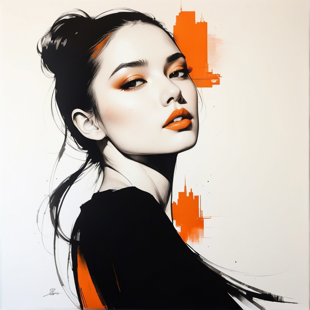 Portrait of a Woman with Elegant Bun and Orange Accents