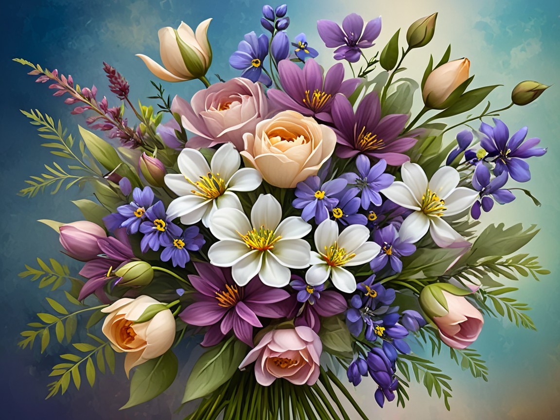 Vibrant bouquet of pink roses, white daisies, and violets