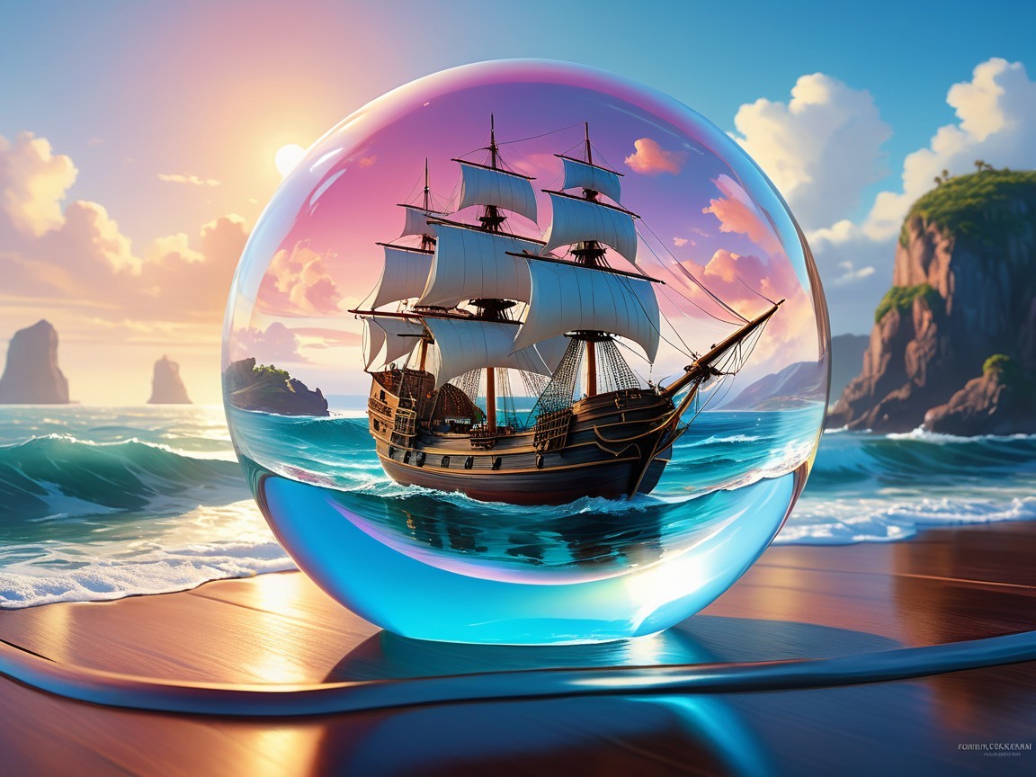 Majestic ship in crystal sphere with vibrant seascape