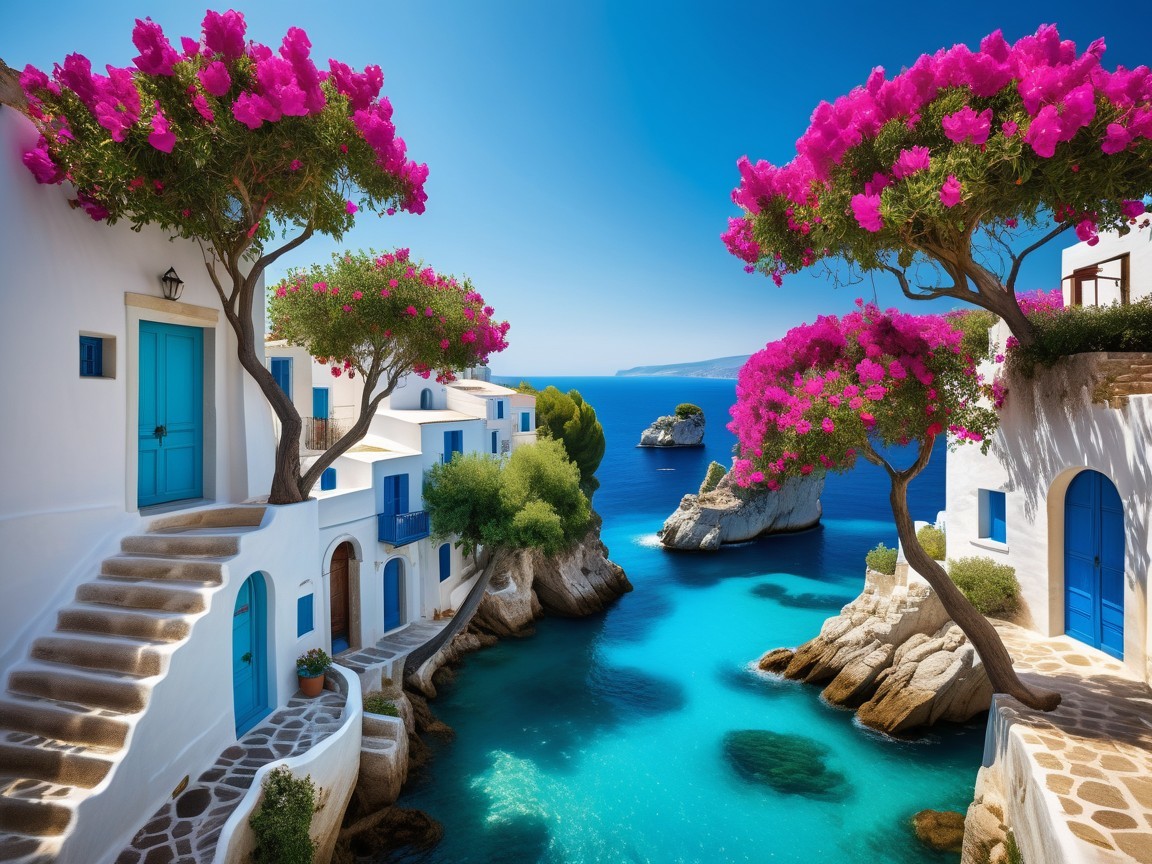 Coastal Scene with Whitewashed Buildings and Bougainvillea