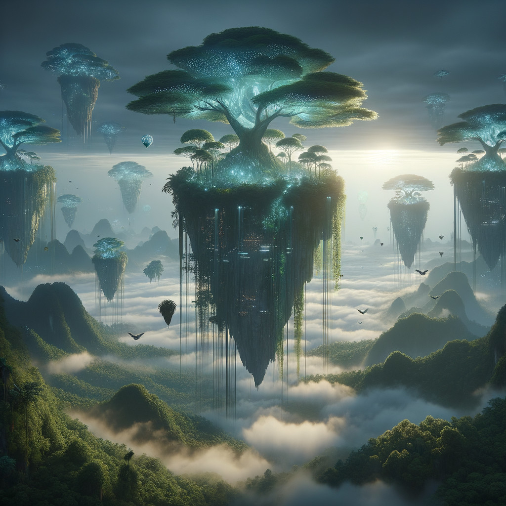Floating Islands with Lush Trees and Ethereal Lights