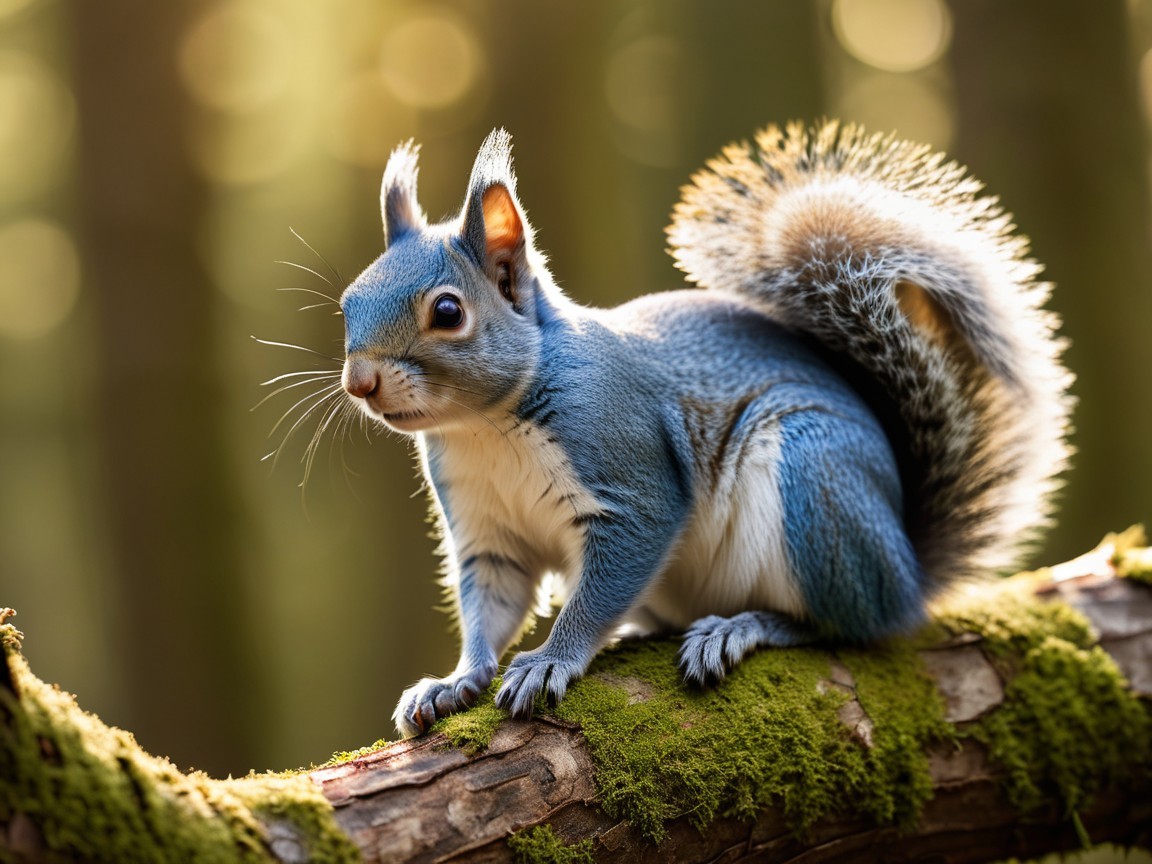Blue-coated squirrel perched on mossy log in forest