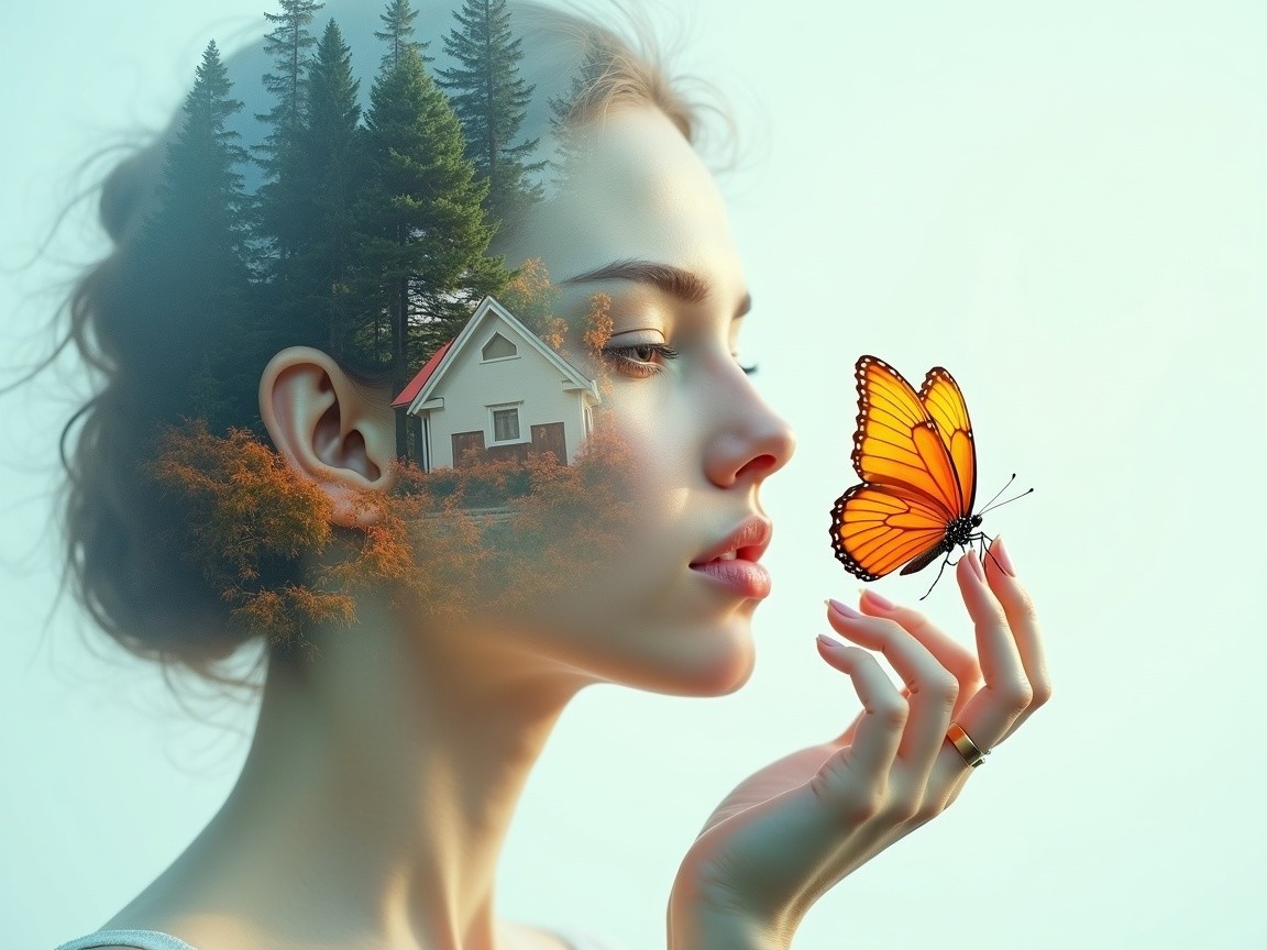 Portrait of a Young Woman with Nature and Butterfly