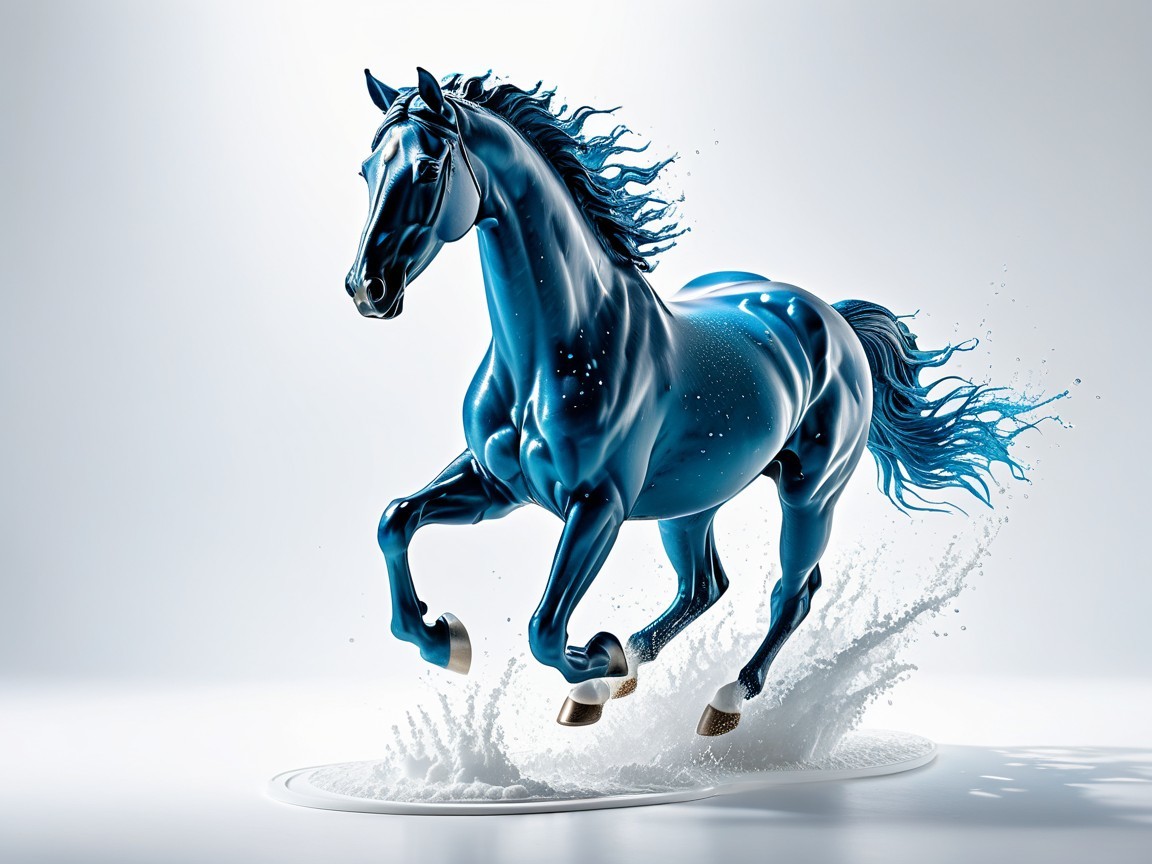 Blue Horse Galloping Through Water Splash on White Background