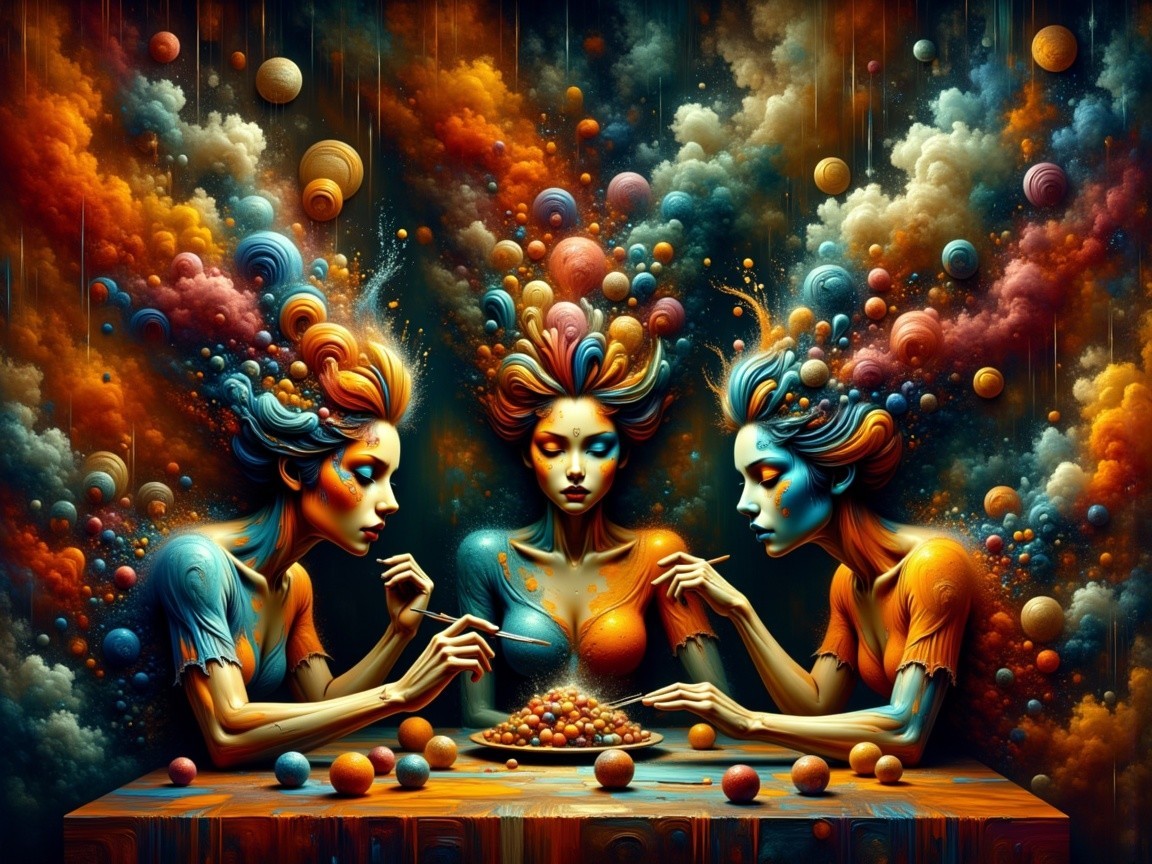 Stylized women with vibrant hair around a colorful bowl