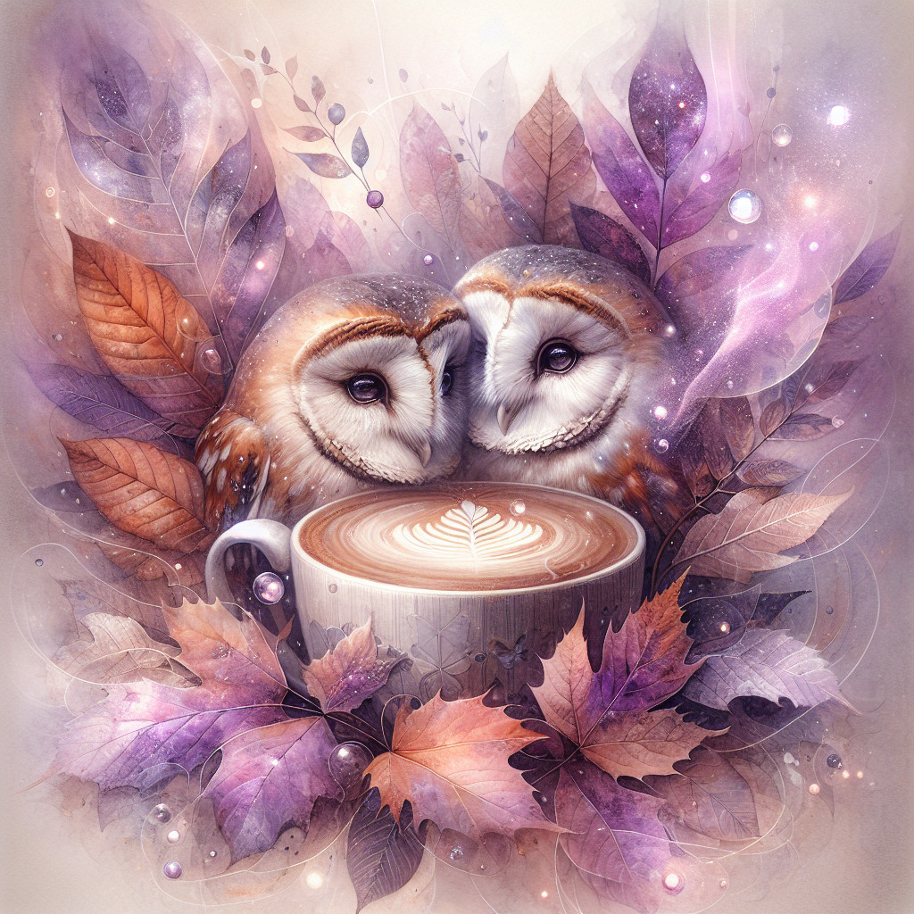Barn owls nuzzle among autumn leaves and latte art