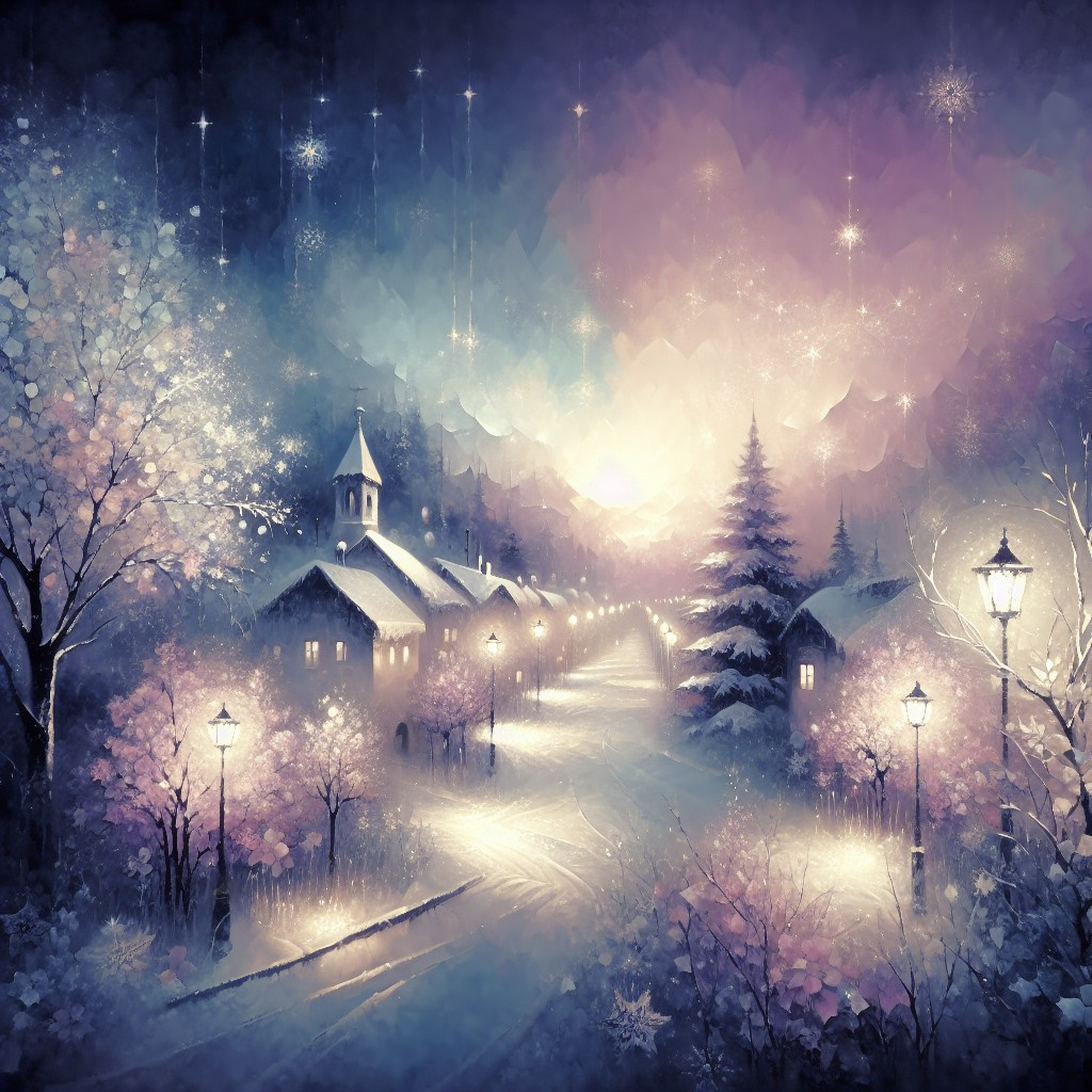 Serene Winter Landscape Under Starry Sky and Streetlamps