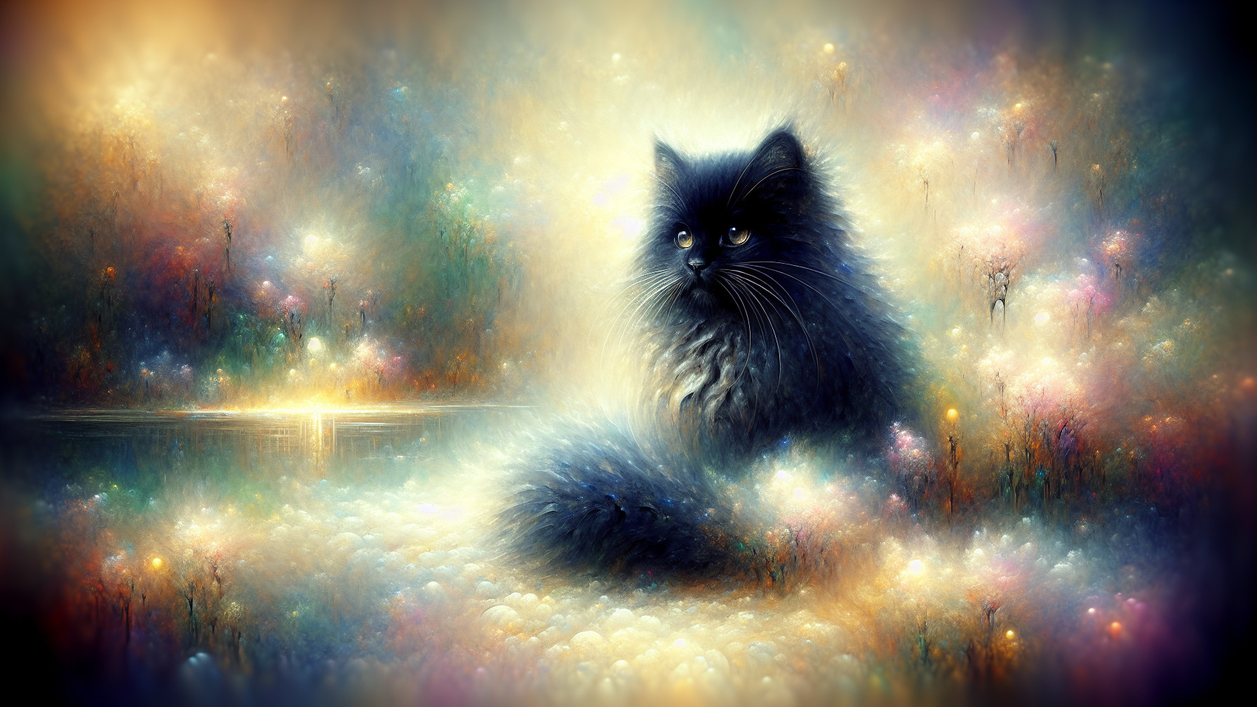 Majestic Black Cat in Ethereal Dreamlike Landscape