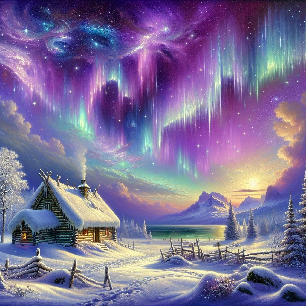 Winter Landscape with Cabin and Aurora Borealis